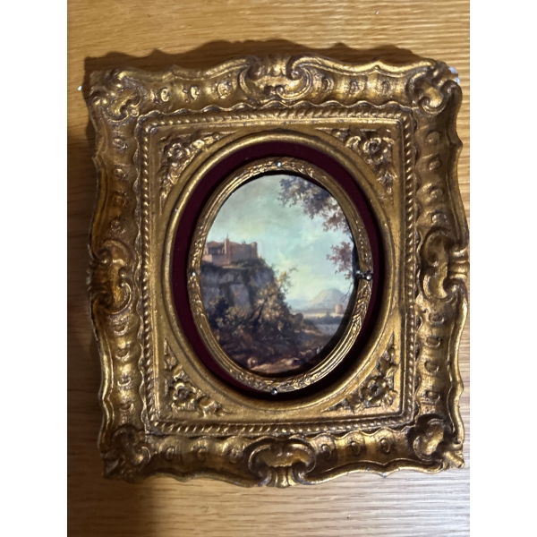  vintage Italian Florentine-style miniature landscape painting housed in an ornate, oval-shaped gilt