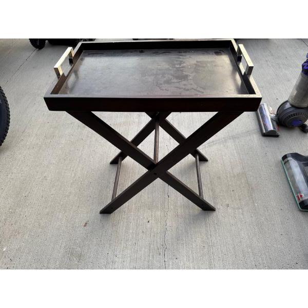 Folding wooden serving tray with steel handles