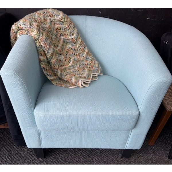 Light Ice Blue Upholstered Barrel Accent Chair w/ Handmade Afghan Blanket