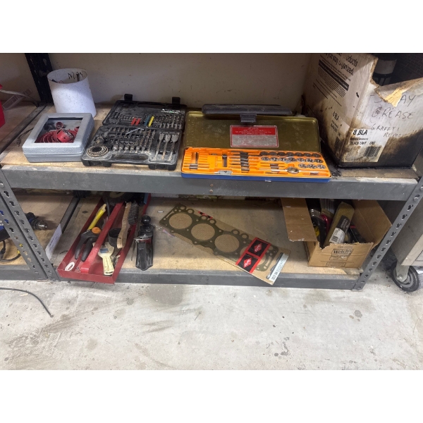 All items on the bottom two shelves including a tap and die set, hole saw set, multi tool set, paint