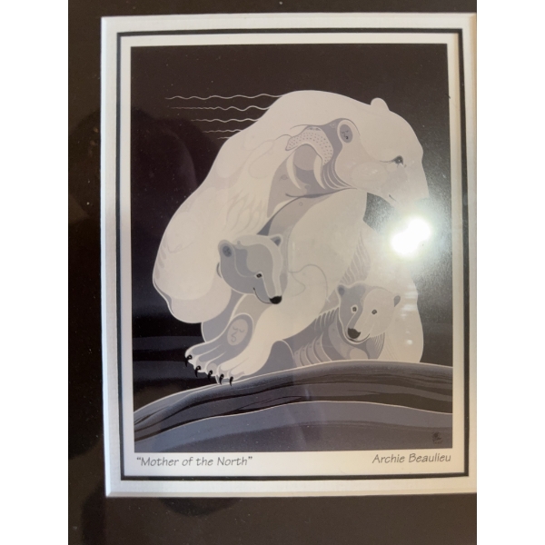 Framed art print titled “Mother of the North” by Archie Beaulieu. The artwork depicts a polar bear w