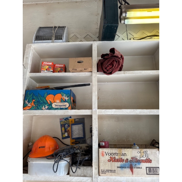 Still hardhat Dremel model 100 miscellaneous Skil saw boxes of paint cans and miscellaneous items al