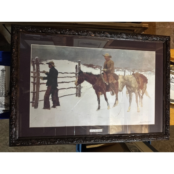 framed print titled "Fall of the Cowboy". 
Artwork: The image is a print of "Fall of the Cowboy" by 