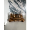 Image 2 :  vintage tequila serving set featuring a rustic wood tray and six shot glasses adorned with metal ag