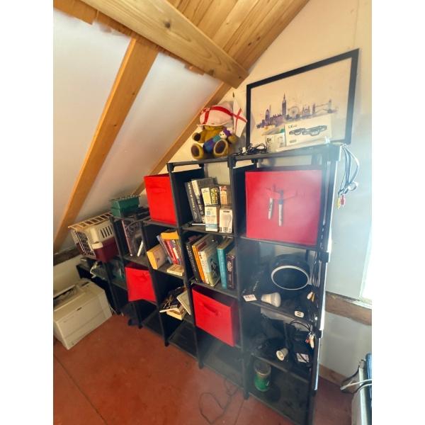 cubby with books on England, ,, leather belts,and more