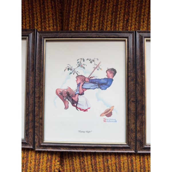 Four framed Norman Rockwell prints: "Mysterious Malady," "Downhill Daring," "Flying High," and "Adve