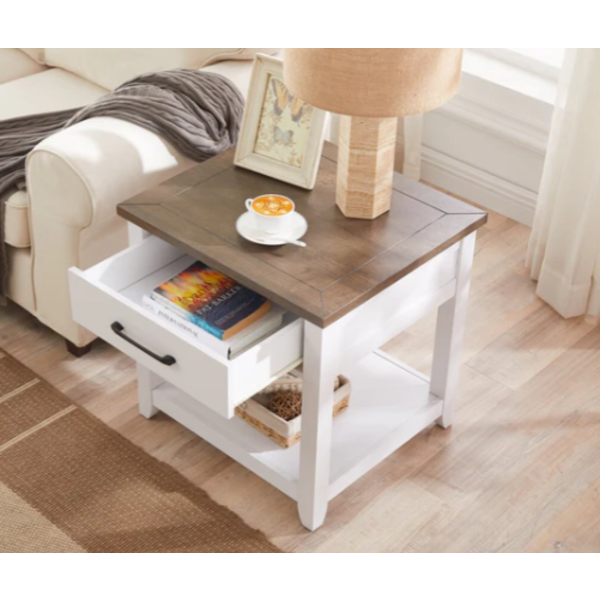 Kort & Co. Logan 22" Traditional End Table with Storage and Shelf - White and Walnut Oak