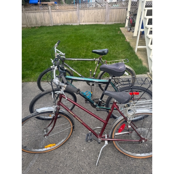 Three vintage bicycles, a free spirit, a Winnebago Mount Shasta and a Matterhorn by Raleigh