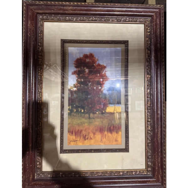  Framed artwork is a limited edition print titled "Autumn Day" by artist Kim Coulter. 
Artwork Title