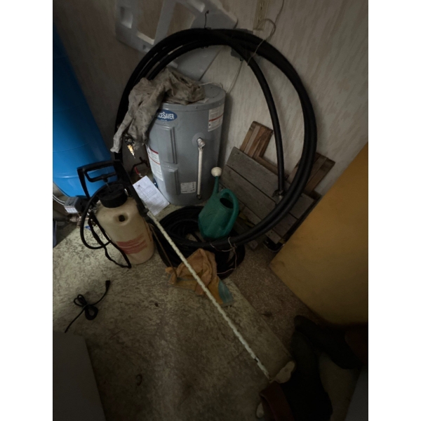 Garden hose, sprayer, wood washboard, and stand, 50 foot garden hose, all contents in corner, not in