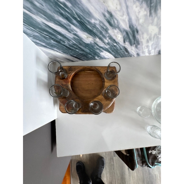  vintage tequila serving set featuring a rustic wood tray and six shot glasses adorned with metal ag