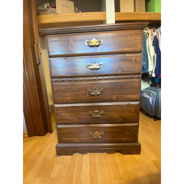 wooden dresser 34 1/2 x 18 wide and a half wide by 48 inches high contents included
