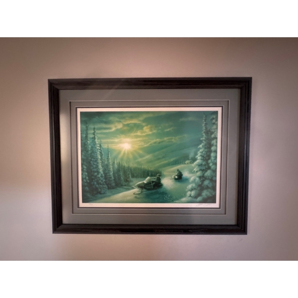  framed landscape art print featuring a snowy winter scene with snowmobiles, possibly by artist Rod 