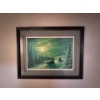 Image 1 :  framed landscape art print featuring a snowy winter scene with snowmobiles, possibly by artist Rod 