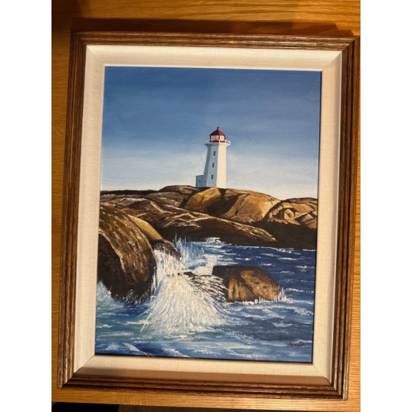  framed painting depicting the iconic Peggy's Cove Lighthouse located in Nova Scotia, Canada. 