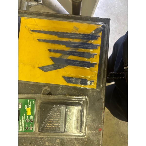 14 piece reciprocating saw blades and 13 piece black spur gold oxidized drill bit set