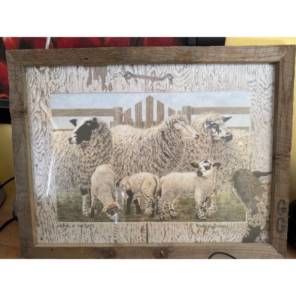  "Waiting at the Gate" by Georgia Graham, featuring a rustic wooden frame reminiscent of barn wood.