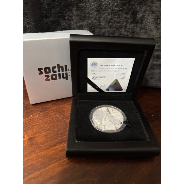 2014 Sochi Olympic Commemorative Medal Coin, specifically a sterling silver coin celebrating the Soc