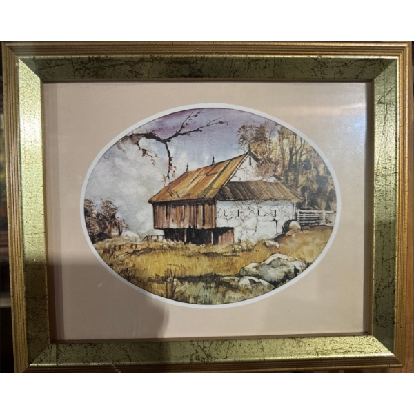  vintage art print titled "Barn" signed by artist Gustave Wander. 