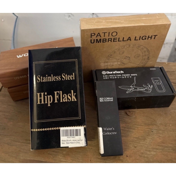 Assorted Human Items- Umbrella Light, Hip Flask, Corkscrew, 6in1 Pocket Knife & Polarized Shades