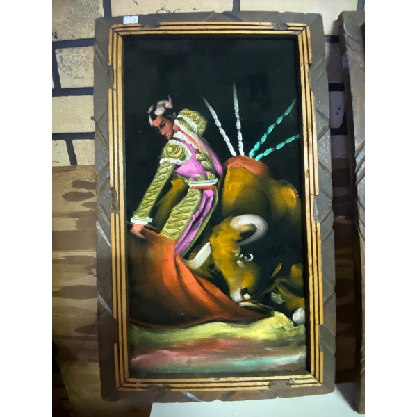  Velvet paintings of bullfighters 23 x 14 wood framed carved wood 