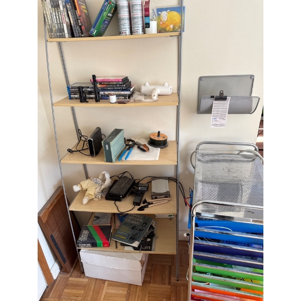 Metal rack and shelf with electronics, DVDs. All items included.