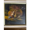 Image 2 : vintage oil painting on canvas depicting a still life scene with brass or copper vessels and plates