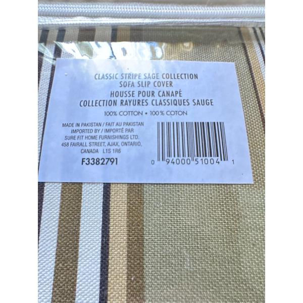 Classic striped sage collection sofa slip cover. Brand new in bag.