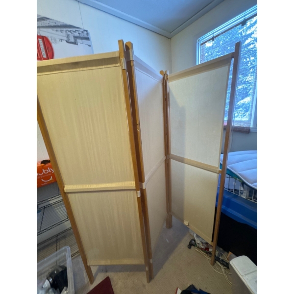 Folding light natural wood and cloth privacy screen, three panels, each panel is 19in wide by 61in t