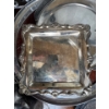 Image 1 : antique or vintage serving tray with an ornate, scalloped border in a style similar to