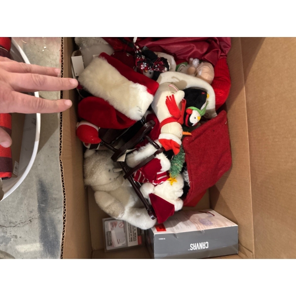 Box of Christmas decor, such as teddies, display items, canvas items