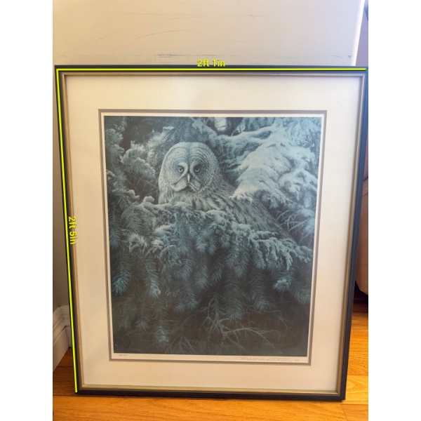 The item is a framed art print titled "Great Gray Owl" by artist Robert M. Fisher, completed in 1983