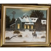 Image 5 : framed original oil painting depicting a winter rural scene. 
The painting features a rustic farmhou