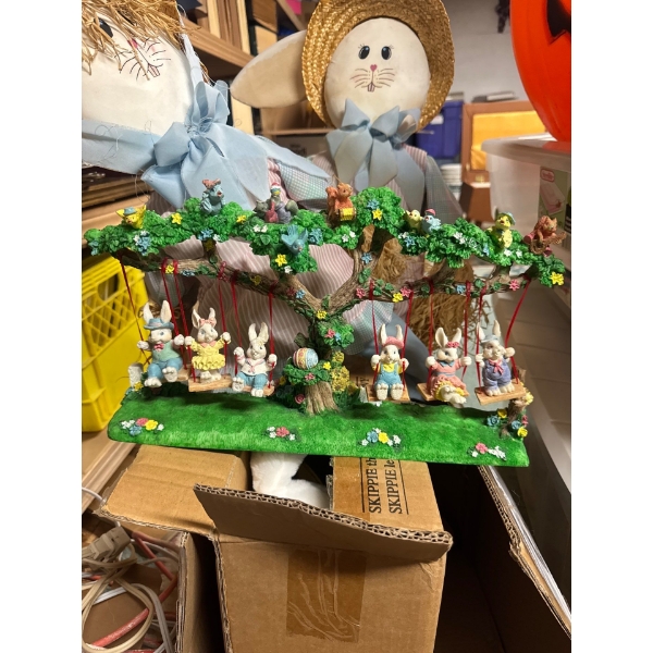  vintage Easter-themed figurine set featuring bunnies on swings, designed by Jaimy in the 1990s. 