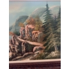 Image 10 : Oil painting depicting a mountainous landscape with pine trees and a winding path, presented in a ca
