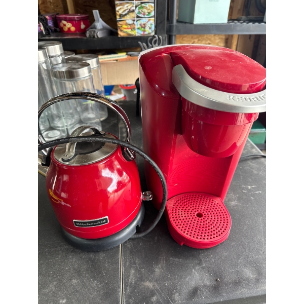 Red KitchenAid tea kettle and Red Keurig