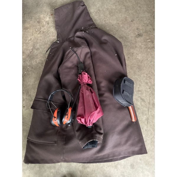 Large work jacket, umbrella, and still work tunes, earmuffs.