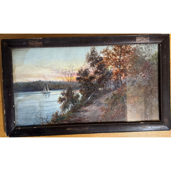  vintage framed landscape painting depicting a riverside scene with a sailboat,Featuring autumn foli