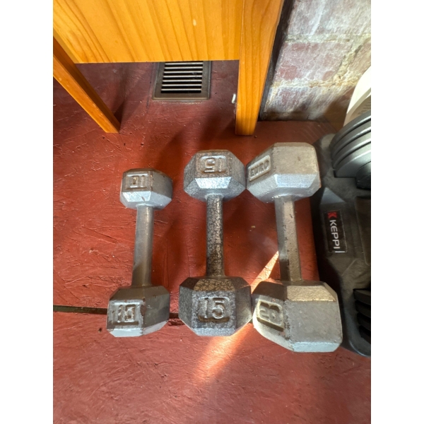 Assorted weights, such as 20lbs, 15lbs and 10lbs