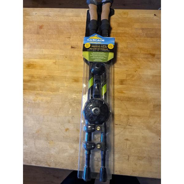  Cascade Mountain Tech Carbon Fiber Trekking Poles. 
Material: 100% Carbon Fiber shafts.
Adjustment: