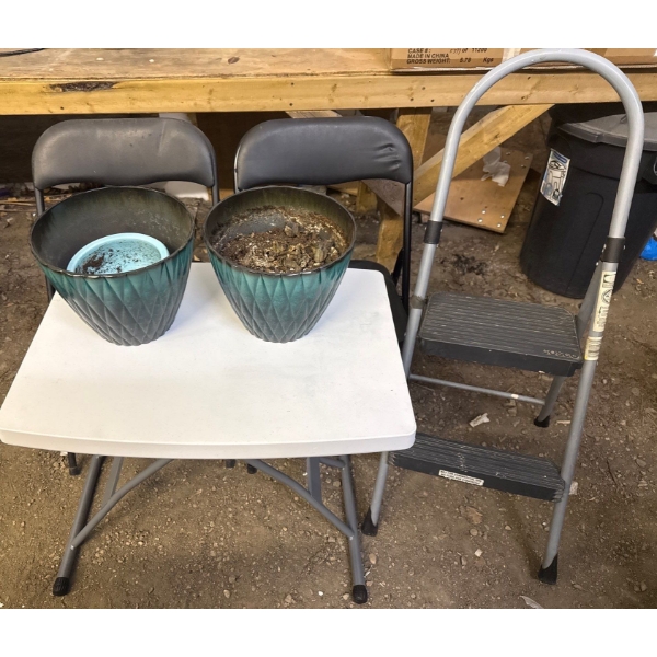 Step Ladder w/ Folding Chairs & Table ++ Flower Pots For Garden