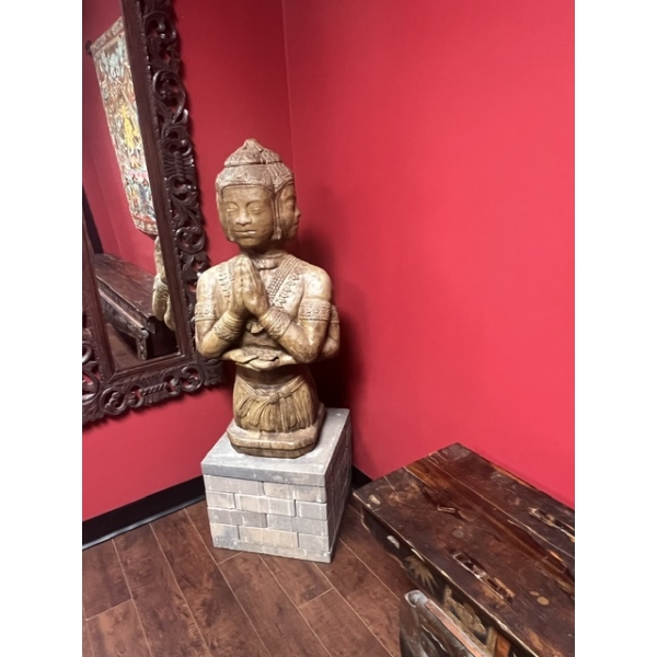 -  Vishnu Statue , Four Face Solid Concrete bust sculpture featuring three faces and praying hands |