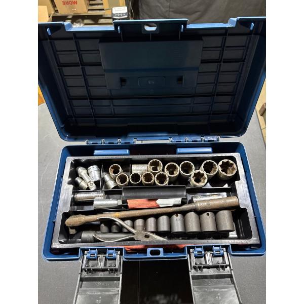 Toolbox with breaker bar, impact sockets, all contents included. MasterCraft toolbox