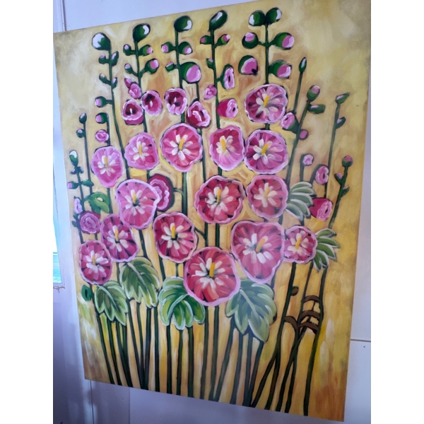This appears to be a textured acrylic painting on canvas featuring pink hollyhock flowers against a 
