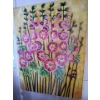Image 1 : This appears to be a textured acrylic painting on canvas featuring pink hollyhock flowers against a 
