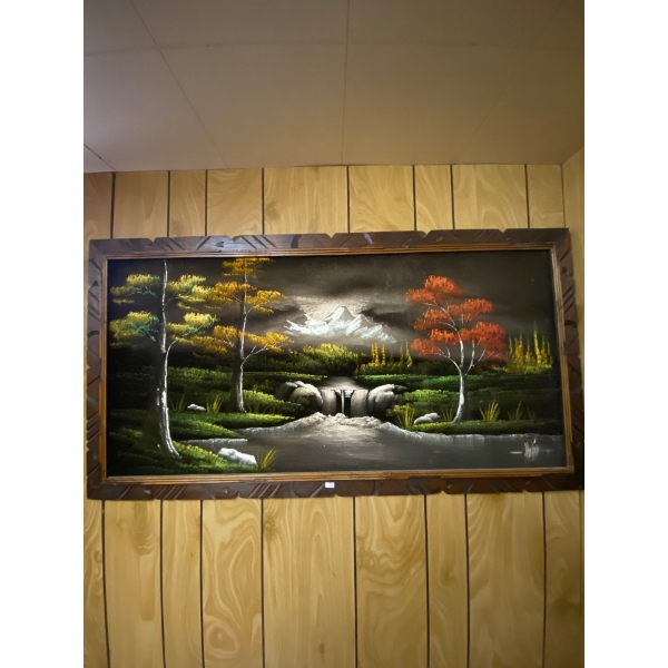   Velvet painting 49 inches long by 26 inches wide with nice carved wood frame Fat and fabric deer p