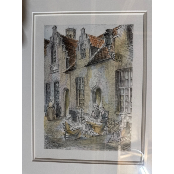  framed art print or drawing depicting a historical street scene in Bruges, Belgium. SIGNED