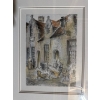 Image 1 :  framed art print or drawing depicting a historical street scene in Bruges, Belgium. SIGNED