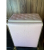 Image 3 : This is a vintage pink vinyl laundry hamper or clothes basket with a decorative starburst design. It