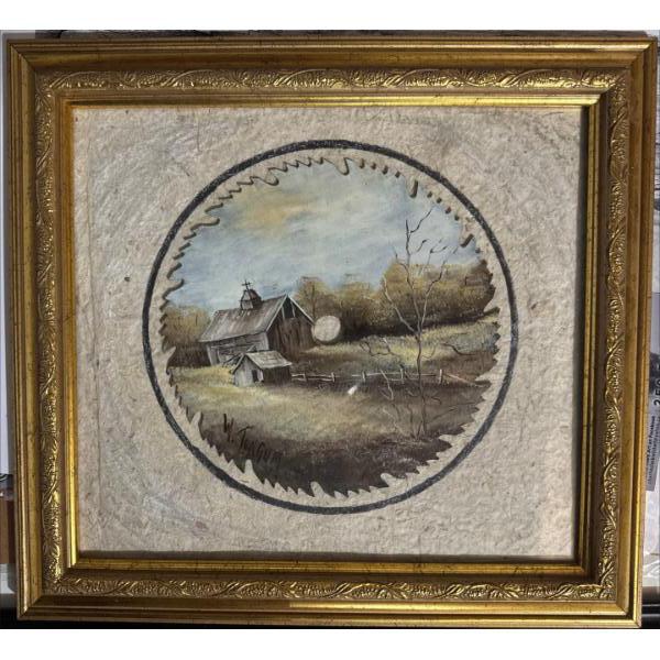 framed circular watercolor painting featuring a rustic landscape scene, possibly depicting a rural b